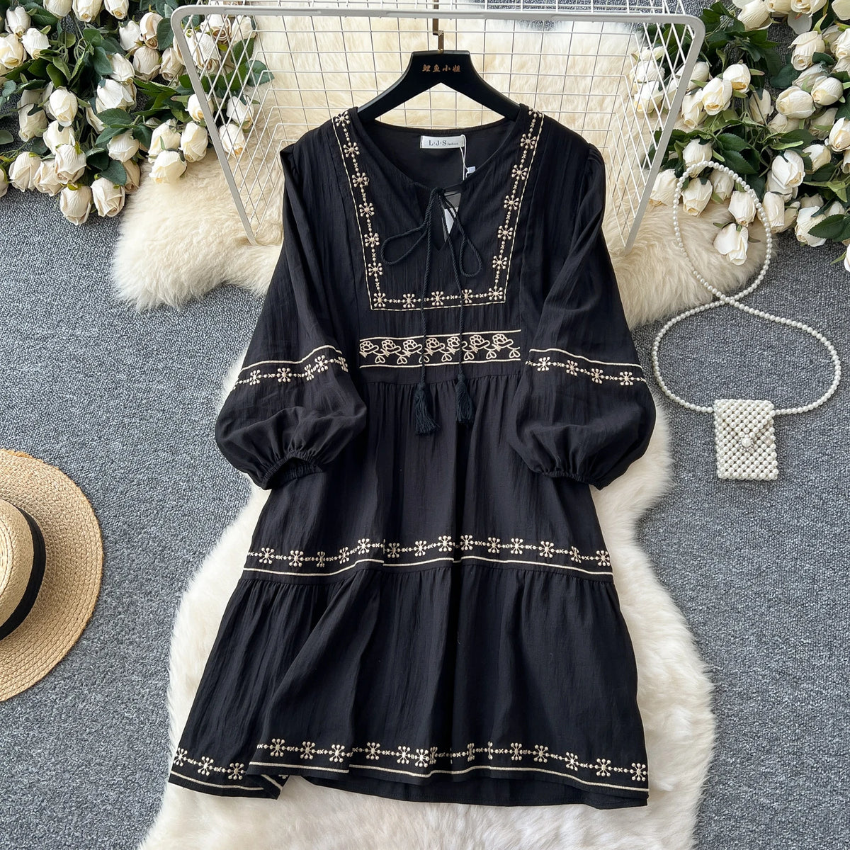 Embroidered Tassel V-Neck Dress