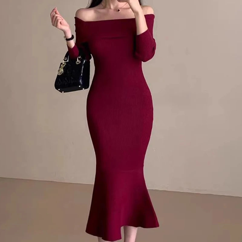 Off-Shoulder Long Sleeve Knit Mermaid Dress