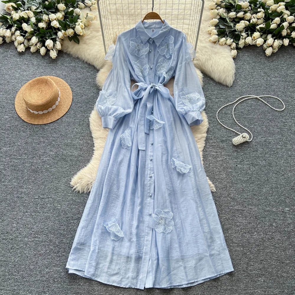 Floral Button Ruched Long Sleeve Dress