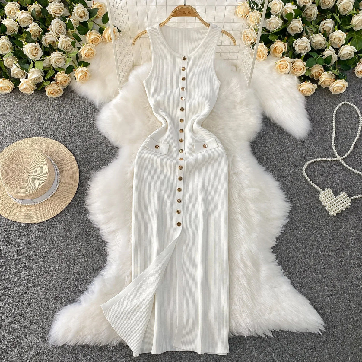 Sleeveless Button Front Knit Maxi Dress