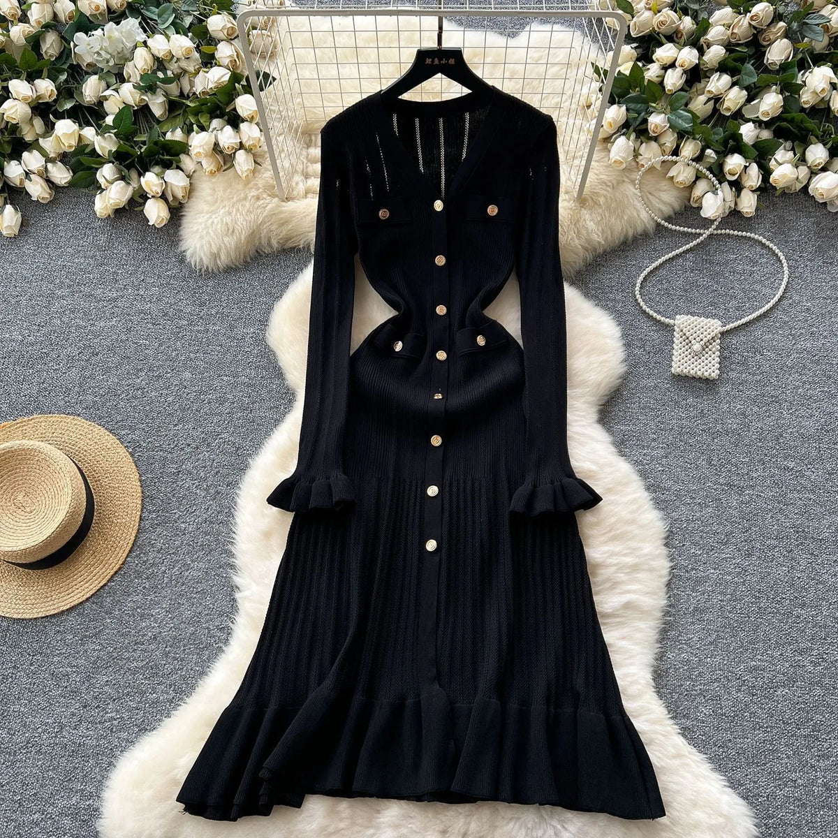 Ruffled Button Knit A-Line Maxi Dress