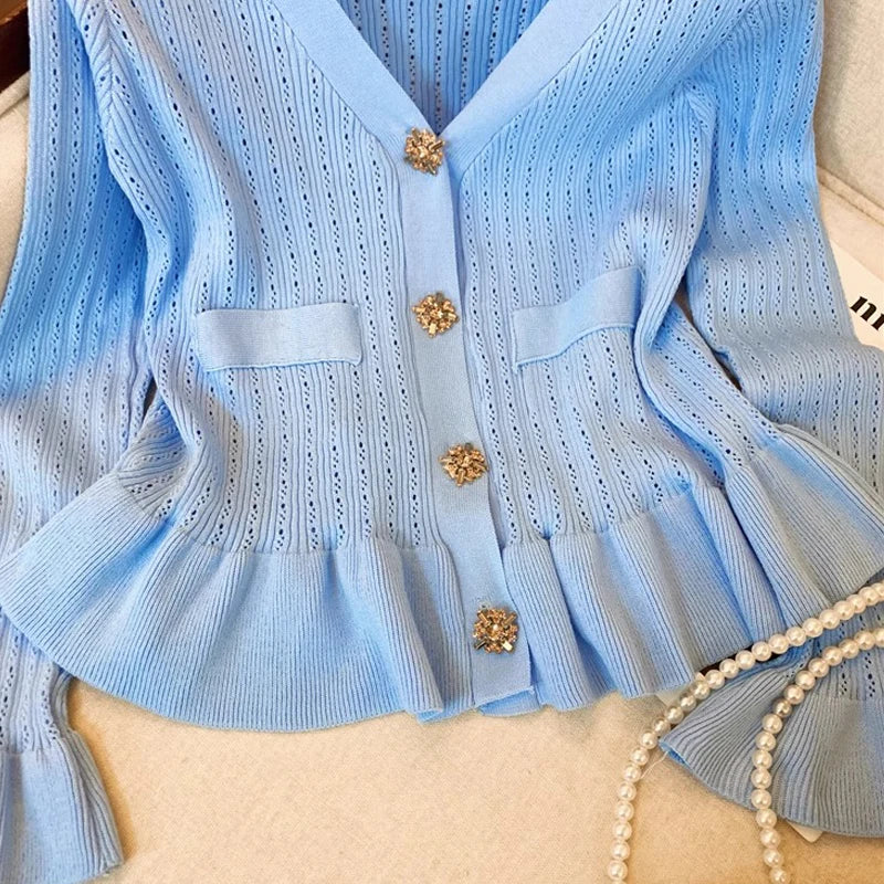 Ruffled V-Neck Button Knit Cardigan