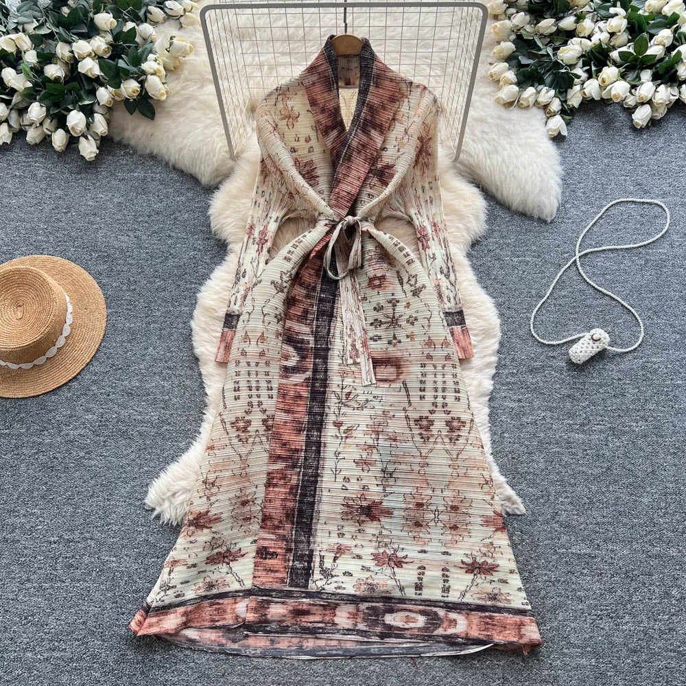 Ruched V-Neck Print Long Sleeve Dress