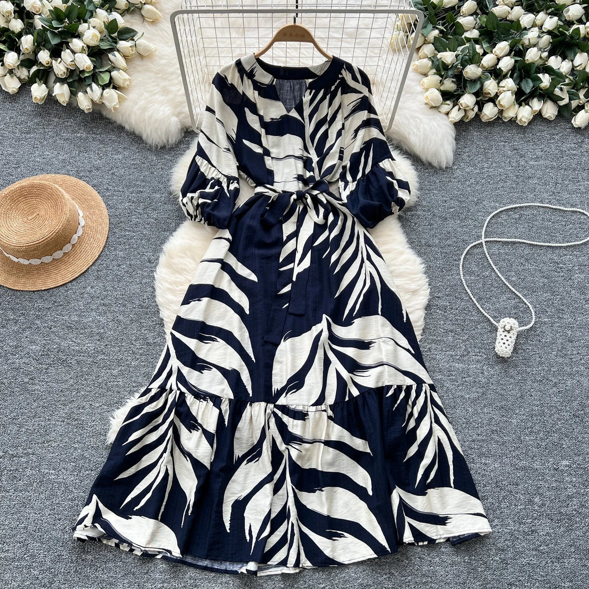 Print V-Neck Lantern Sleeve A-Line Maxi Dress