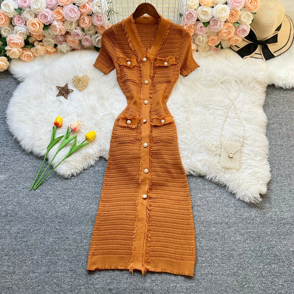 Pearl Button Knit Bodycon Dress