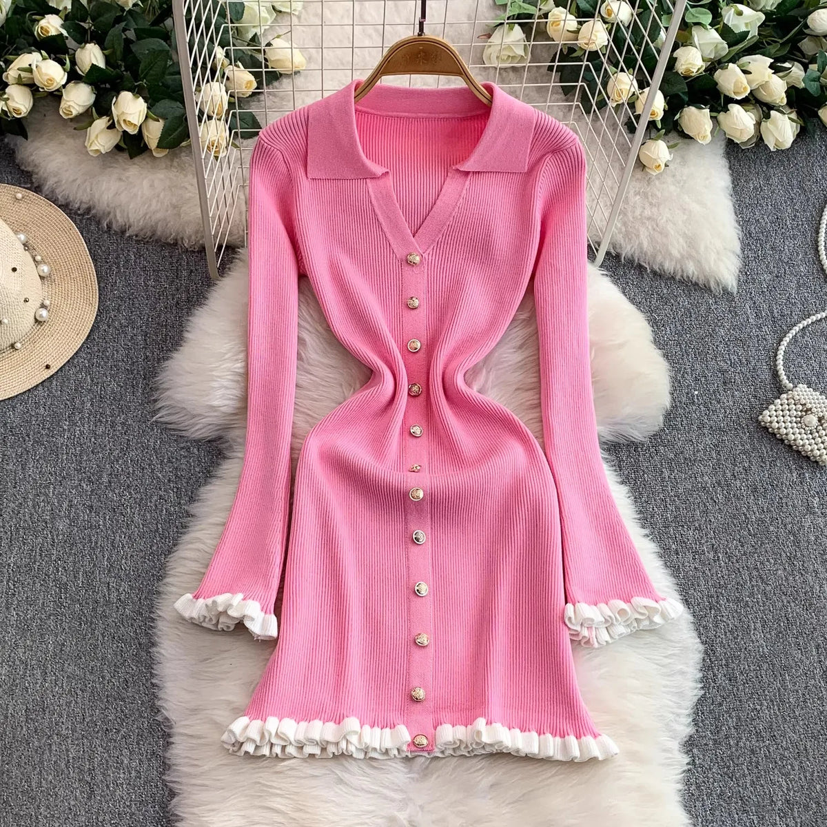 Collared Ruffled Knit Wrap Mini Dress