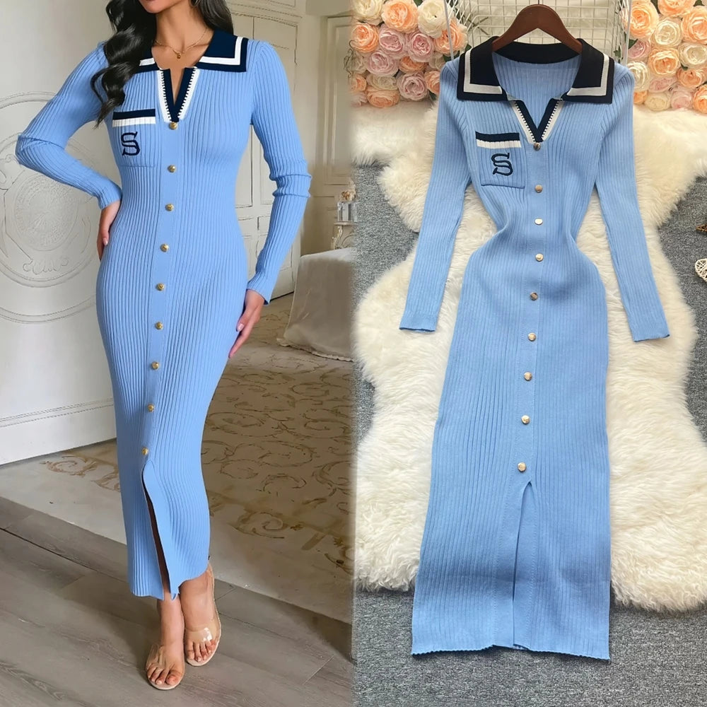 Embroidered Knit Party Sweater Dress