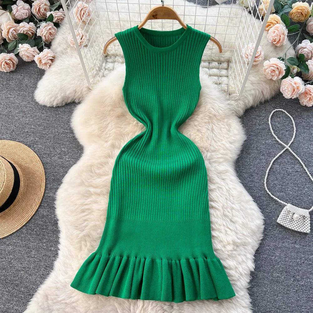 Rose Red Ruffled Knit Bodycon Mini Dress
