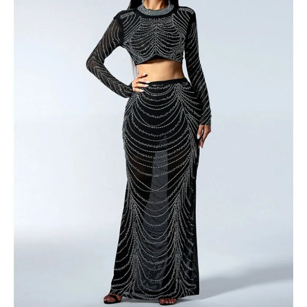 Rhinestone Mesh Crop Top and Skirt Set