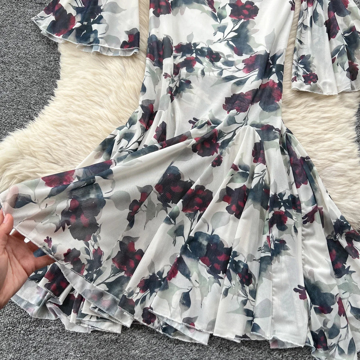Rose Print Ruffle Collared Maxi Dress