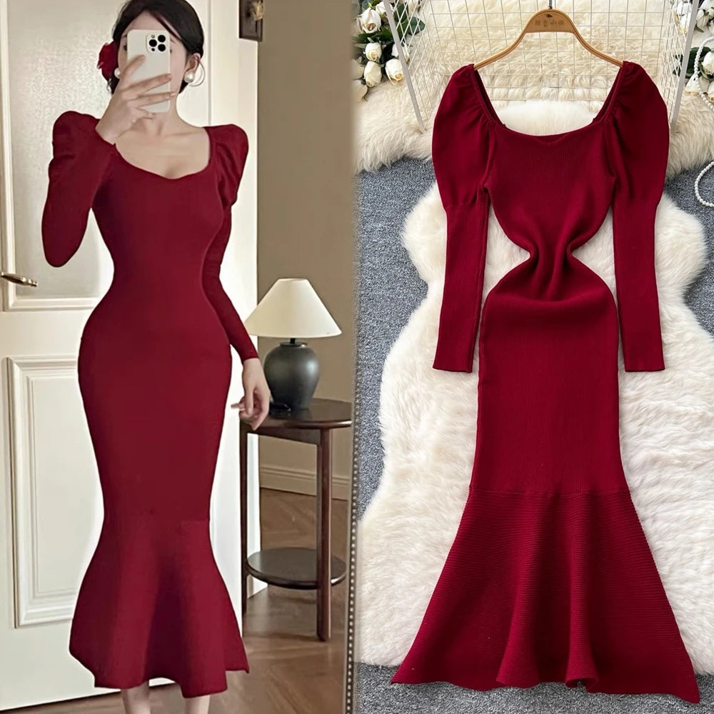 Puff Sleeve Knit Mermaid Maxi Dress
