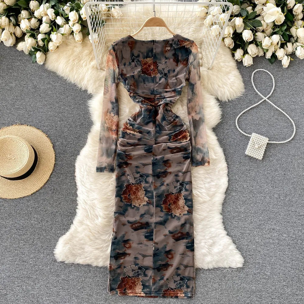 Print Square Neck Split Pencil Dress