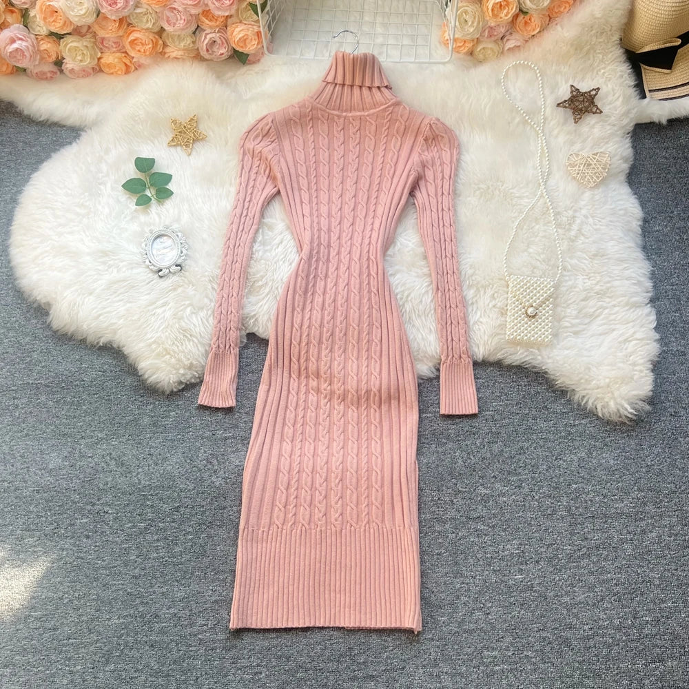 Twist Turtleneck Knit Sweater Dress
