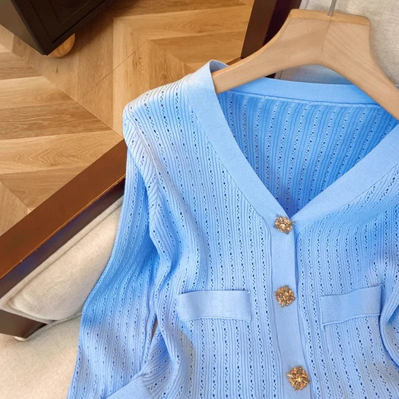 Ruffled V-Neck Button Knit Cardigan