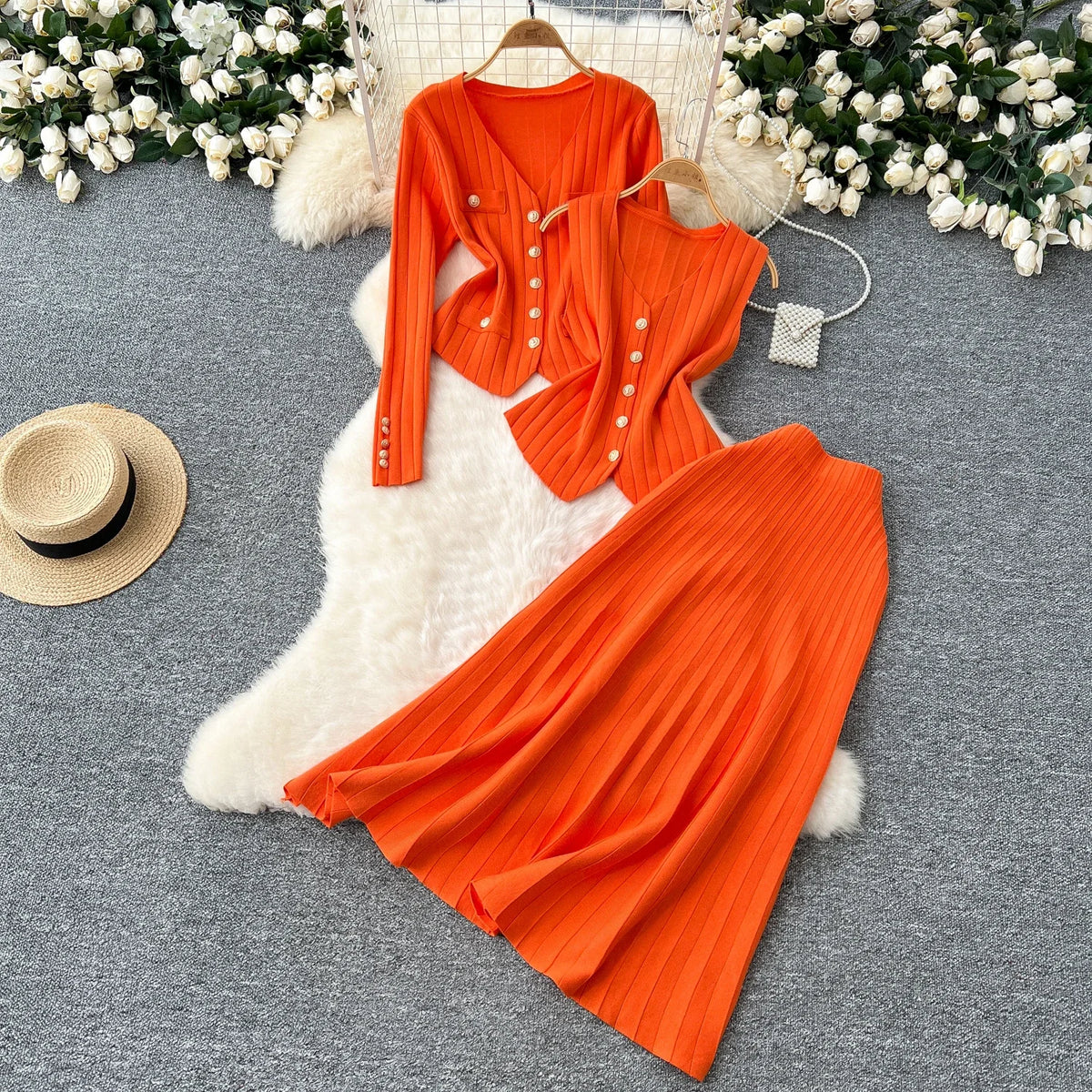 Knit Vest Cardigan and Skirt Three Piece Set