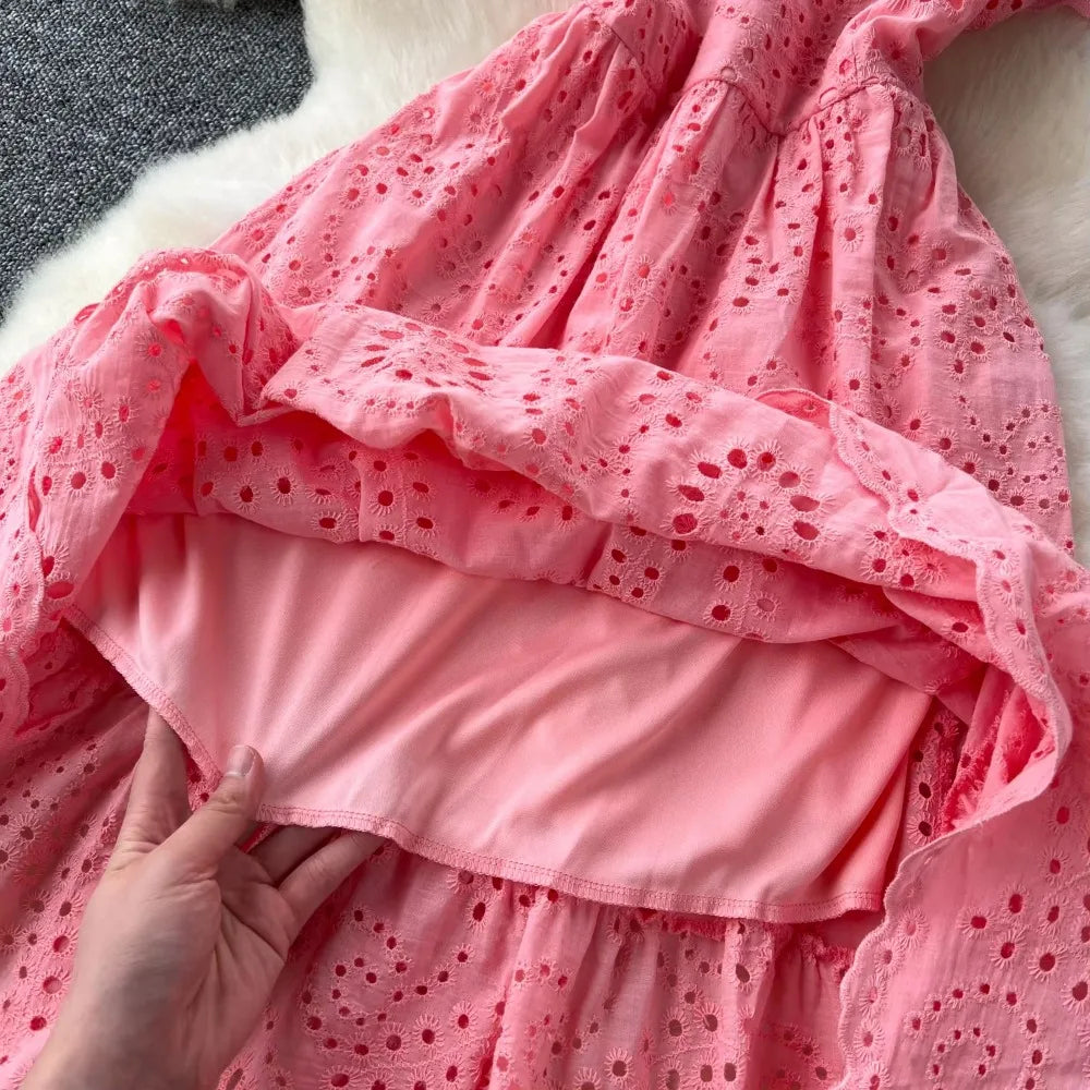 Embroidered Cutout Ruffle A-Line Dress