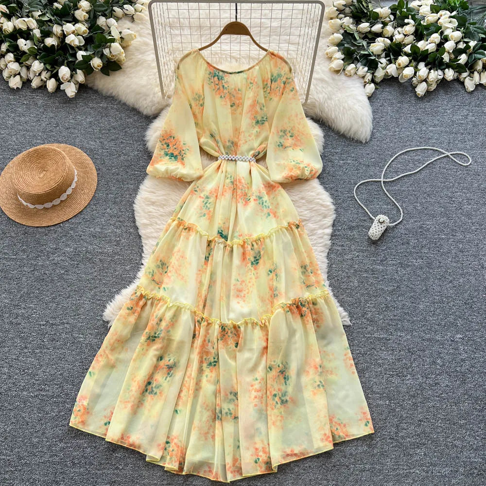 Beaded Print Puff Sleeve Maxi Dress