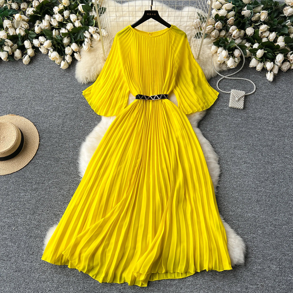 French Pleated Flare Sleeve Scoop Neck Dress