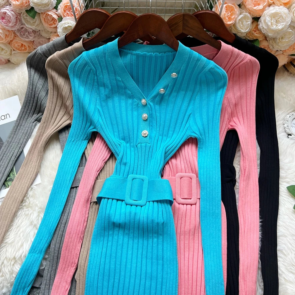 Belted Button V-Neck Knit Maxi Dress