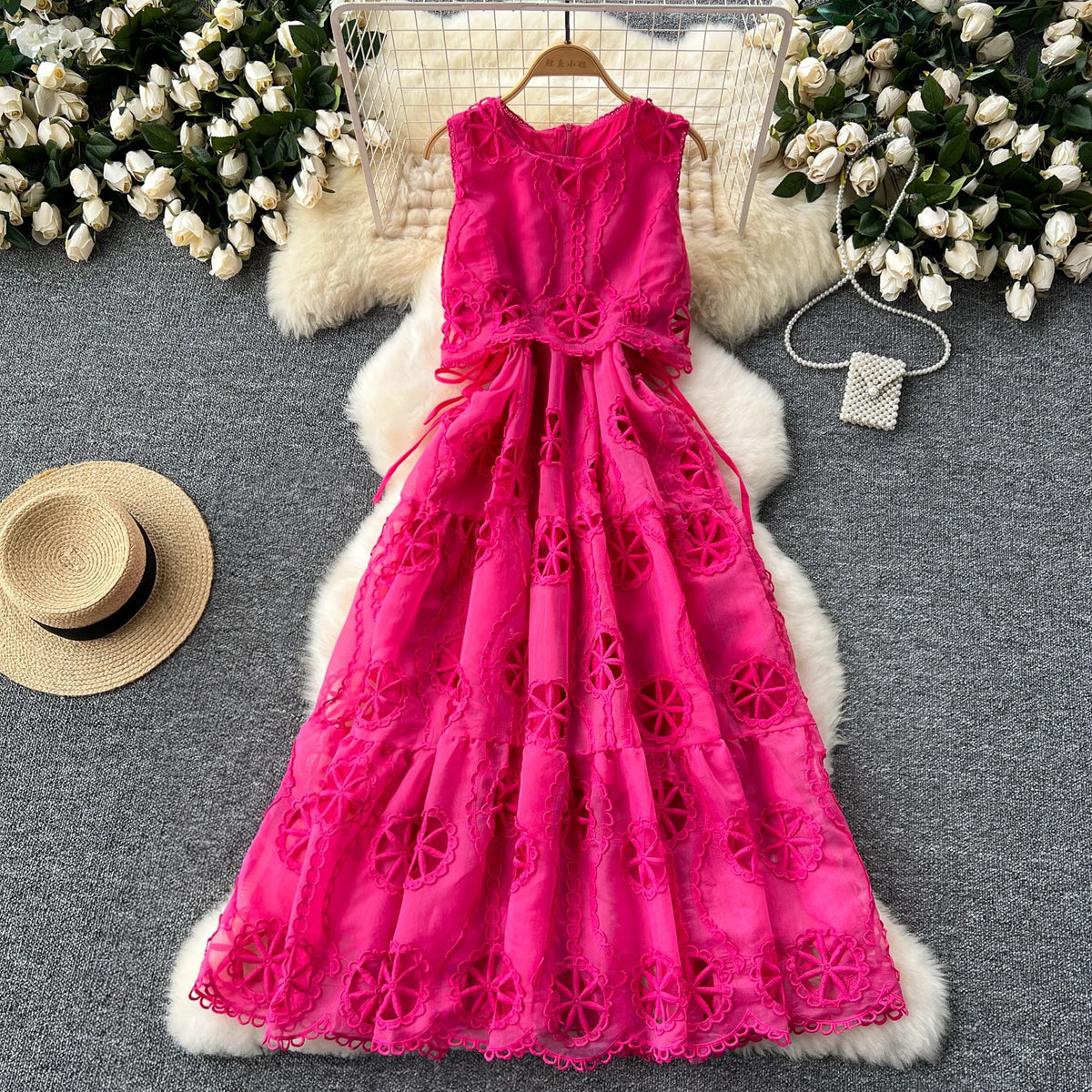 Embroidered Lace Cutout Sleeveless A-Line Dress