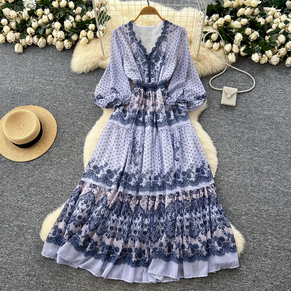 Slim Print V-Neck Long Sleeve Dress
