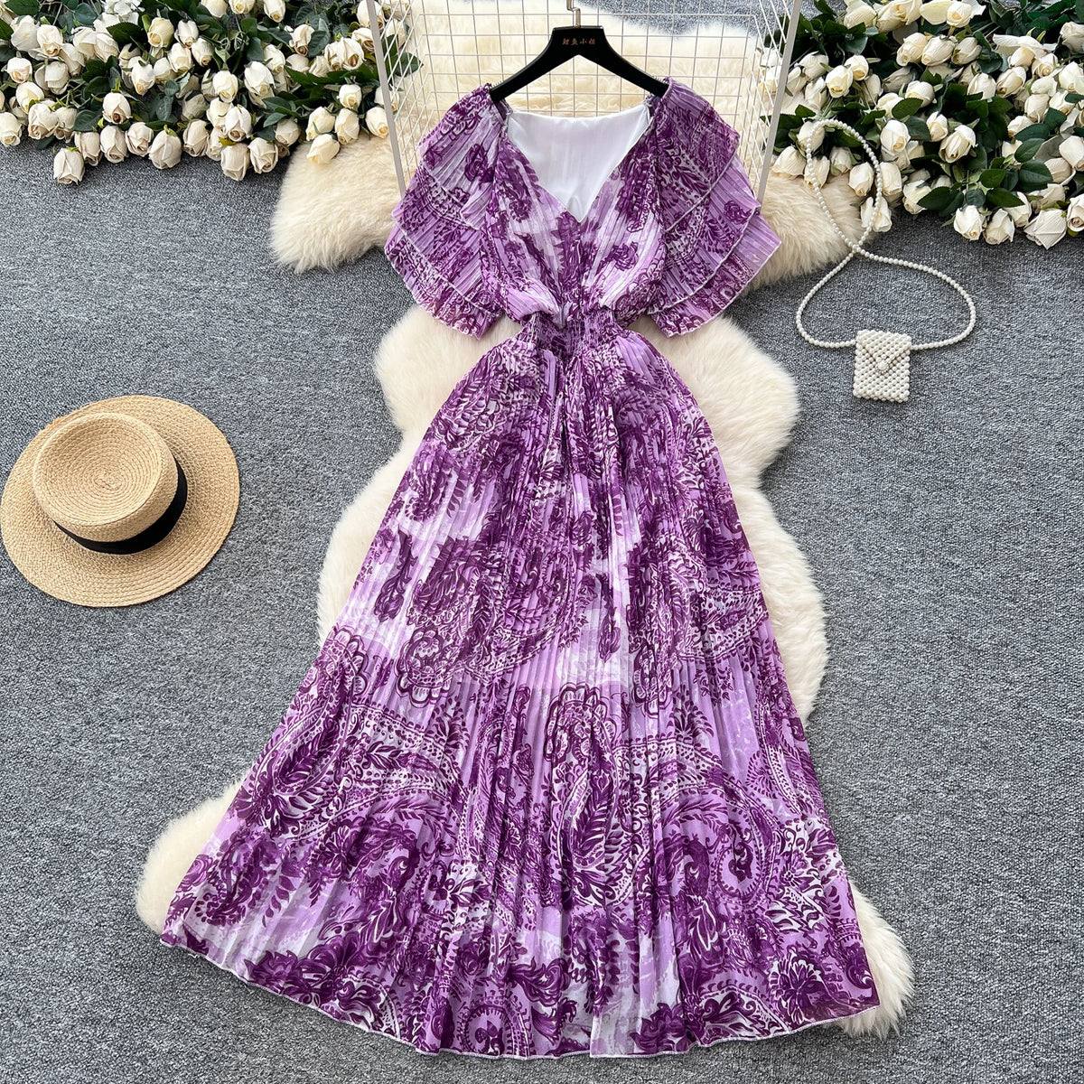 Ruched Print Short Sleeve Beach Dress