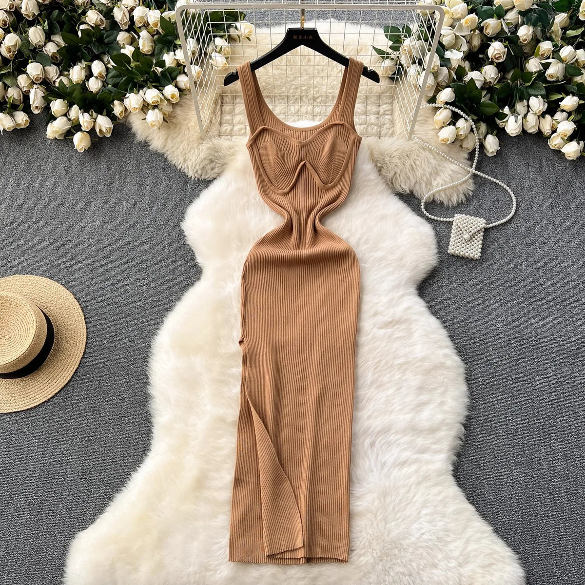 Sleeveless Knit Slit Maxi Tank Dress