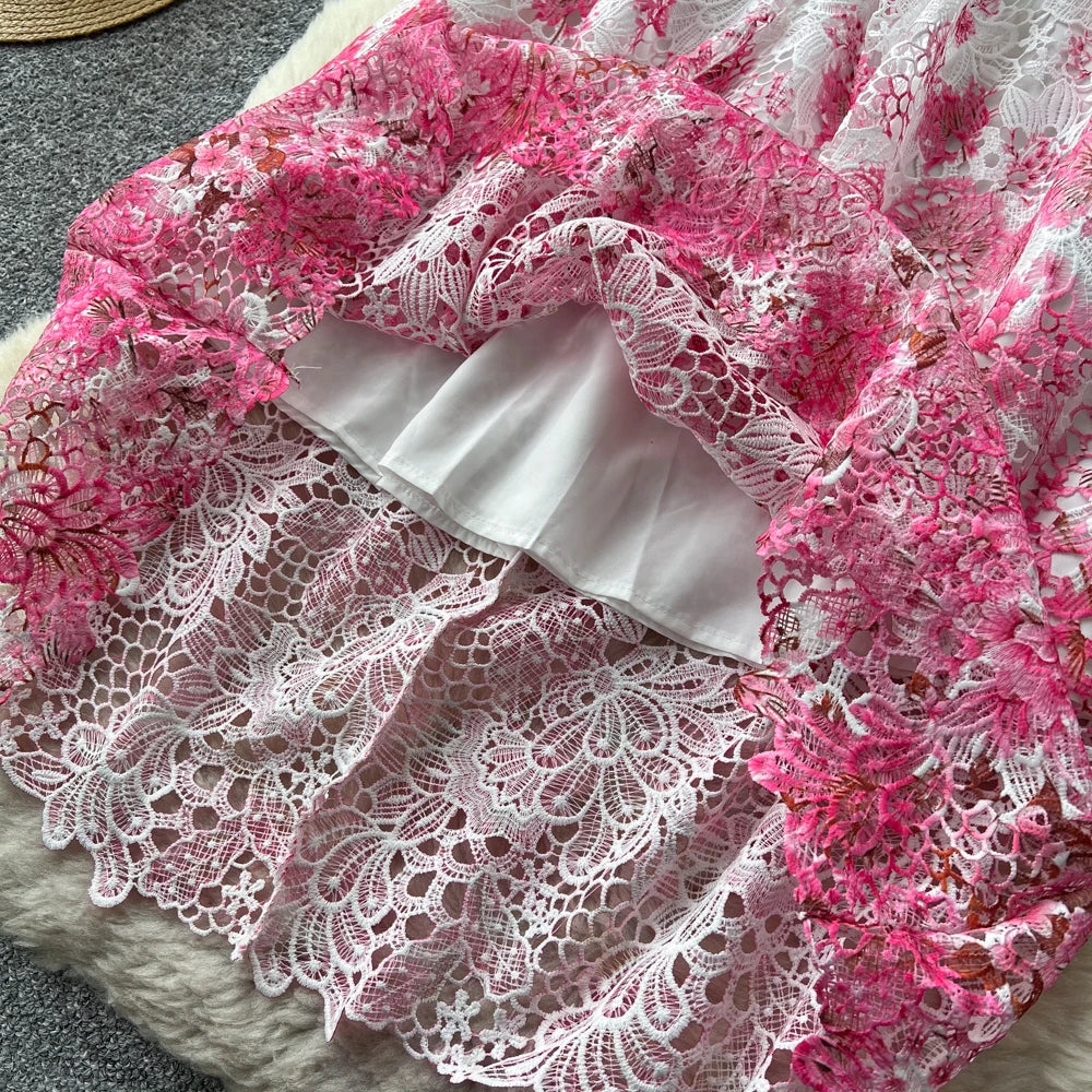 Lace Short Sleeve Long Dress