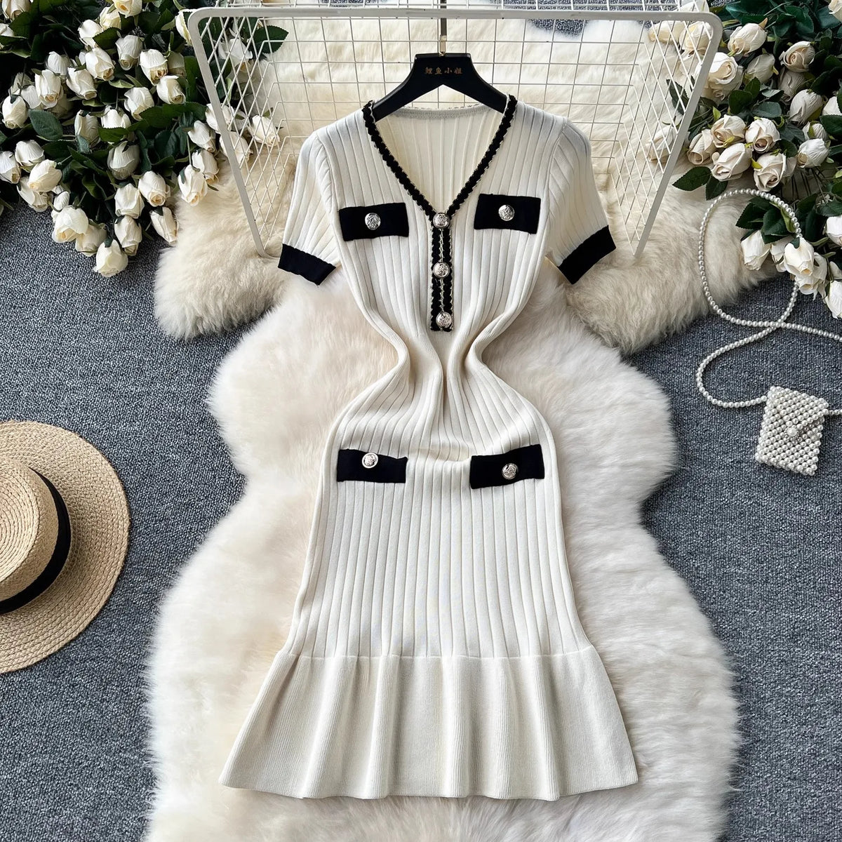 Buttoned Rib Knit Mermaid Party Dress