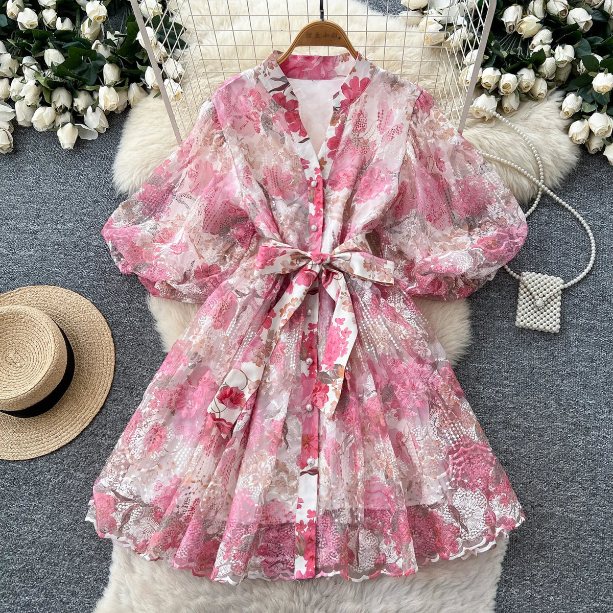 Floral Embroidered Puff Sleeve Tulle Mini Dress