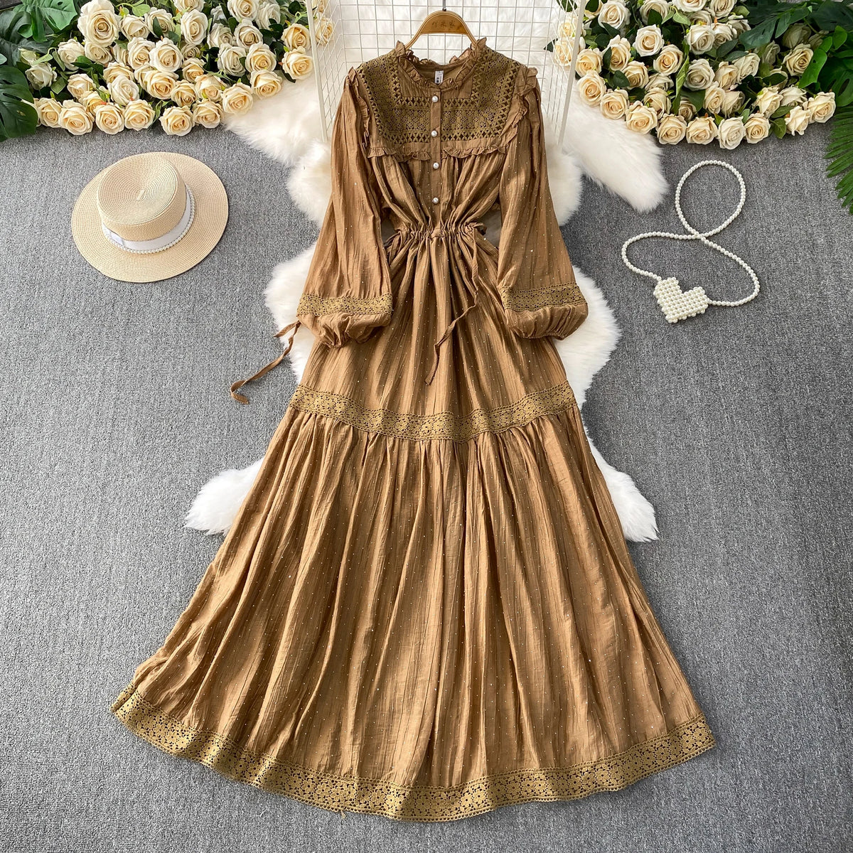 Rhinestone Lace Ruched Boho Long Dress
