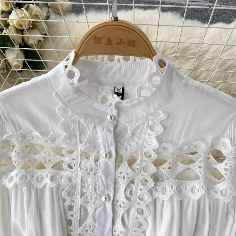 Lace Cutout Lantern Sleeve A-Line Dress