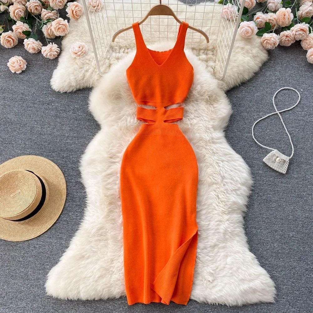 Cut Out Waist Split Knit Bodycon Dress