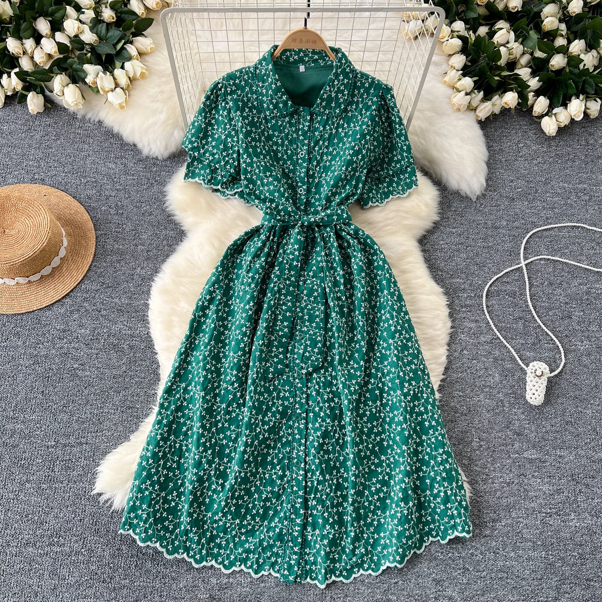 Embroidered Polo Collar Puff Sleeve Dress