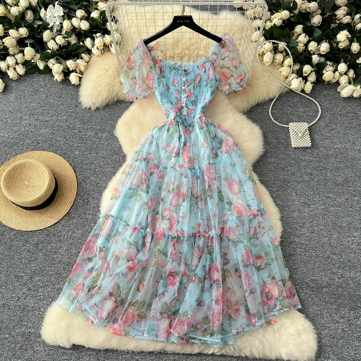 Print Chiffon Puff Sleeve Slash Neck Dress