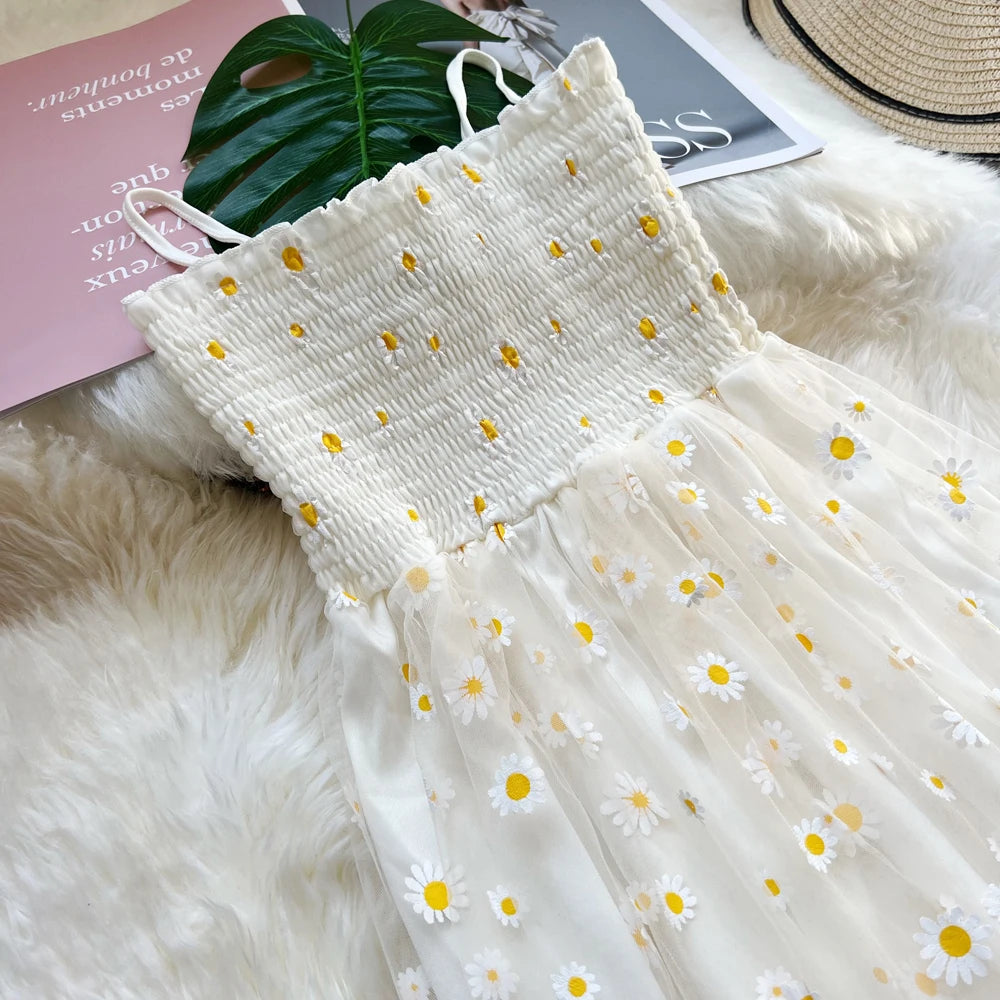 Daisy Print Layered Mesh Maxi Dress