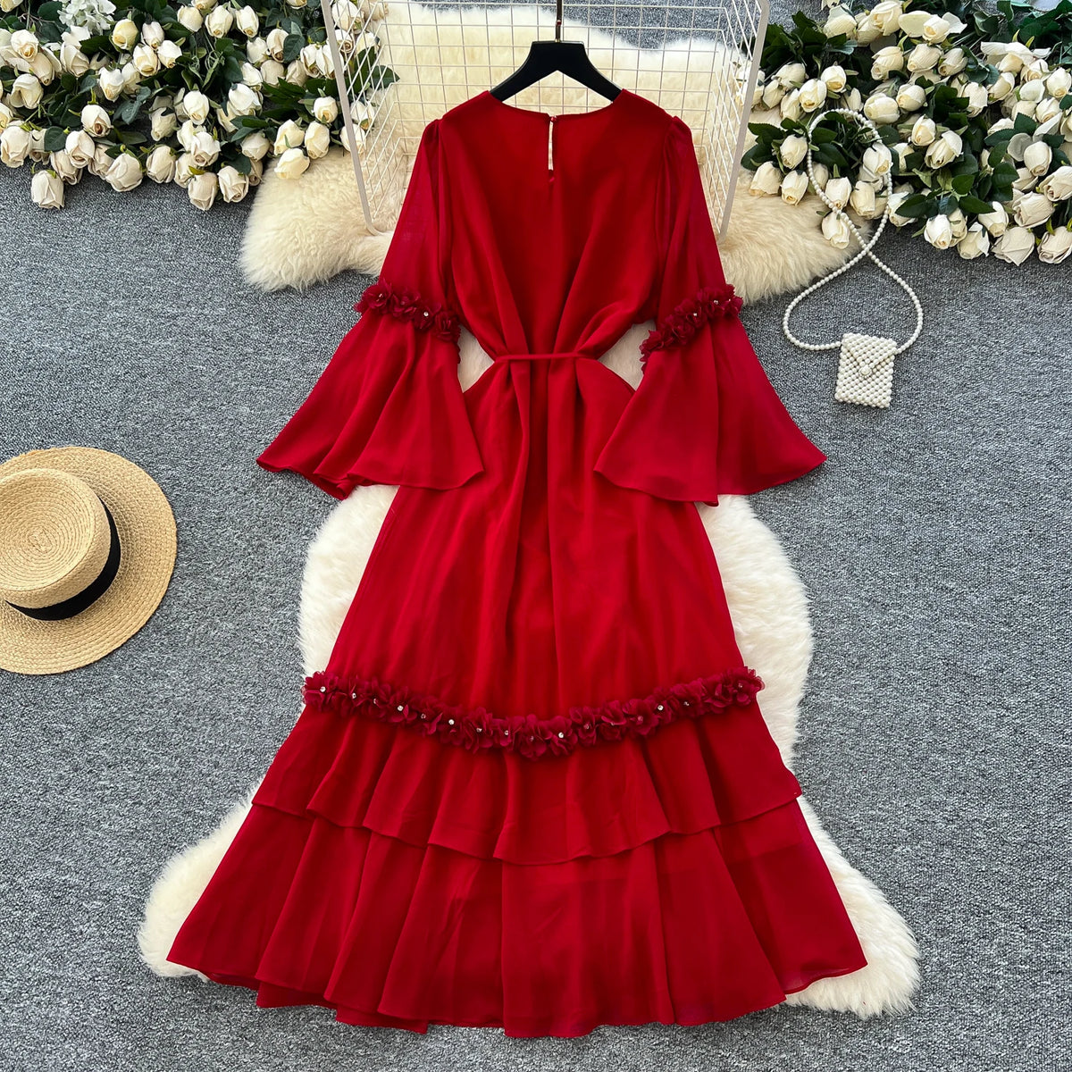 Embroidered Flare Sleeve Long Dress