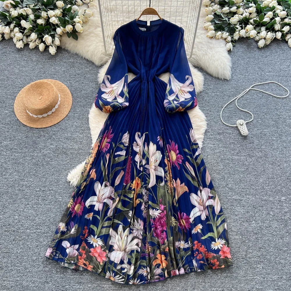 Ruched Print Long Sleeve Vintage Dress