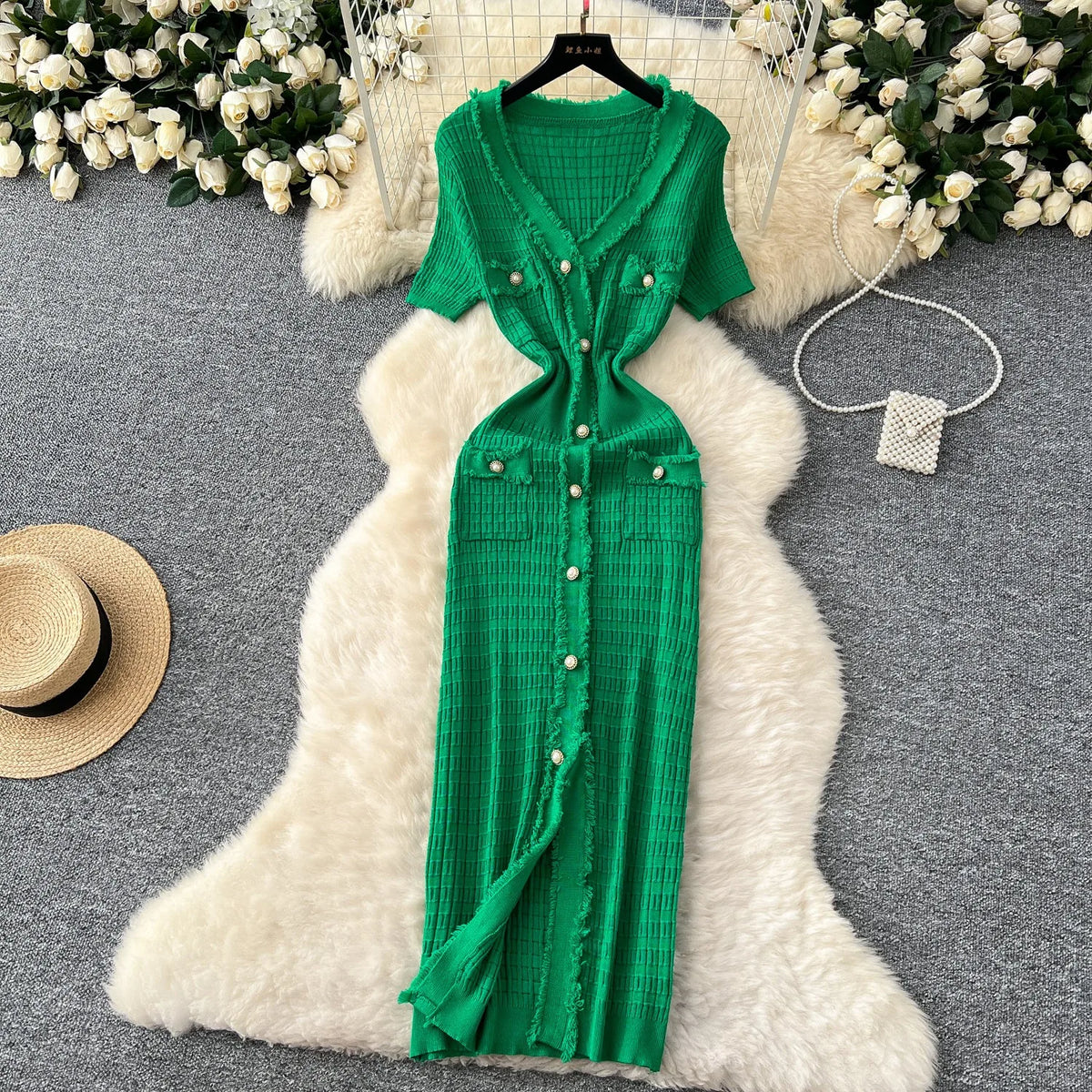 V-Neck Button Slit Long Sweater Dress