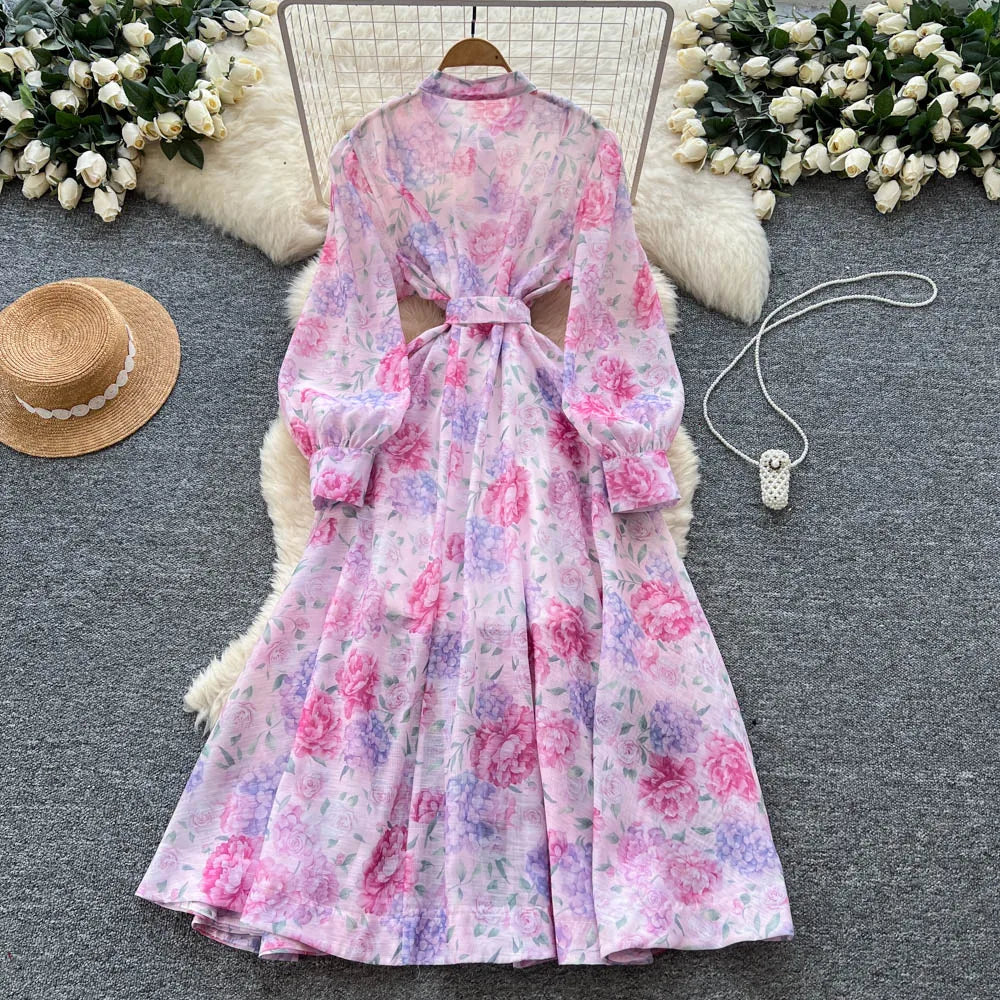 Split Print Pleated Long Sleeve Dress