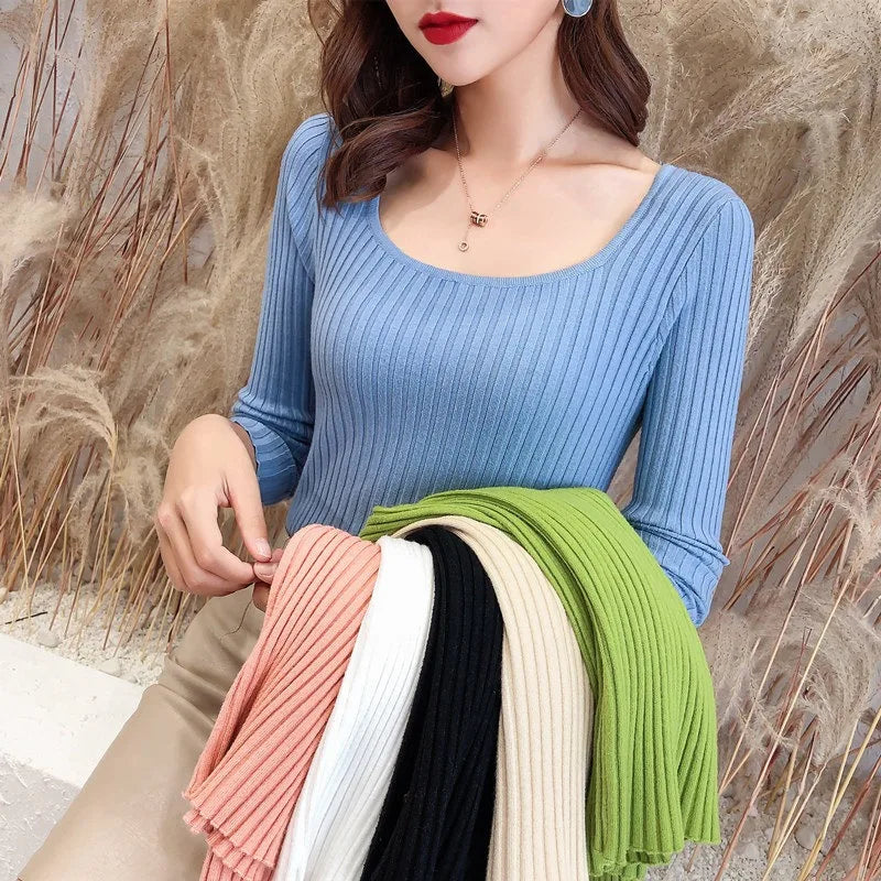 Ribbed Knit Fitted Pullover Sweater