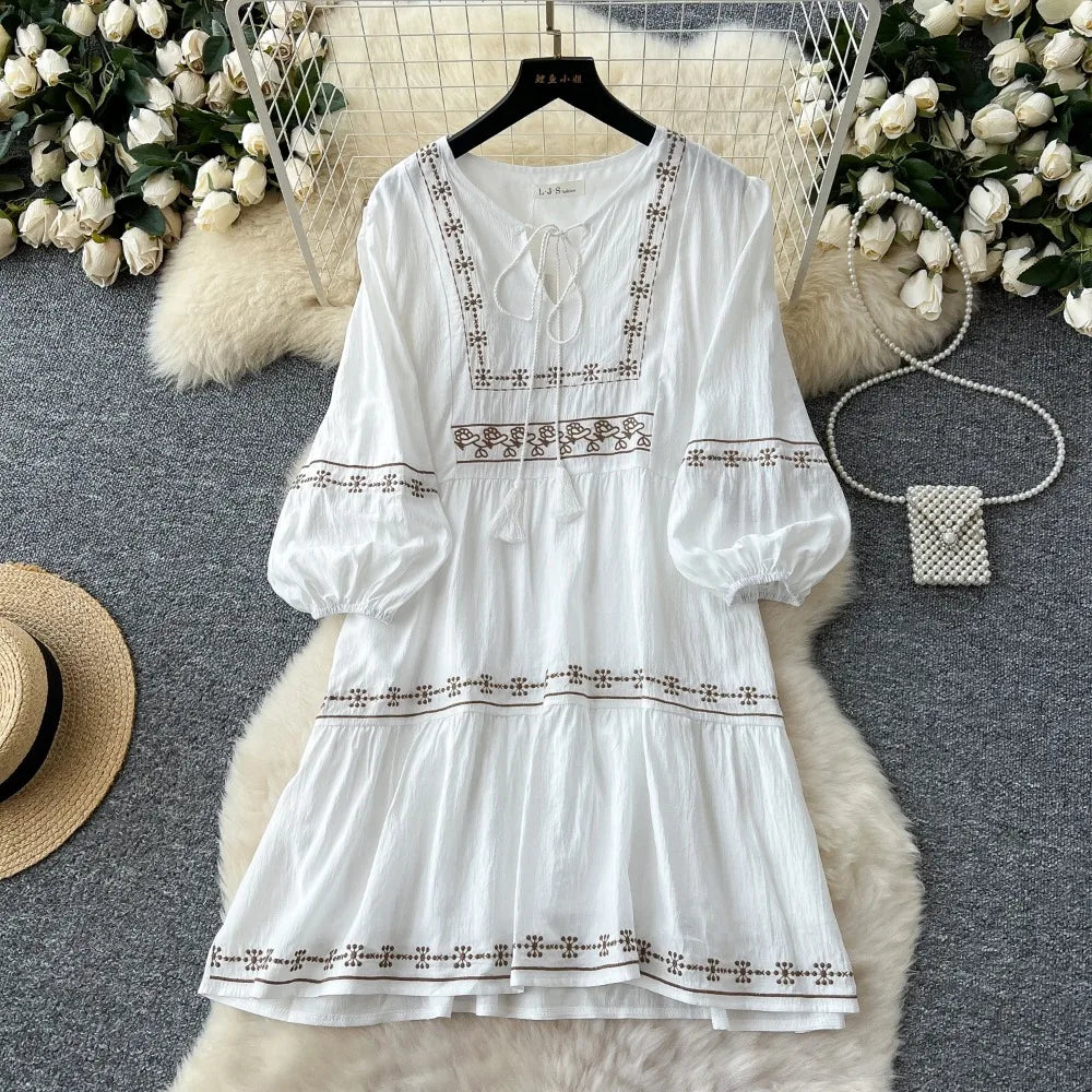 Embroidered Tassel V-Neck Dress