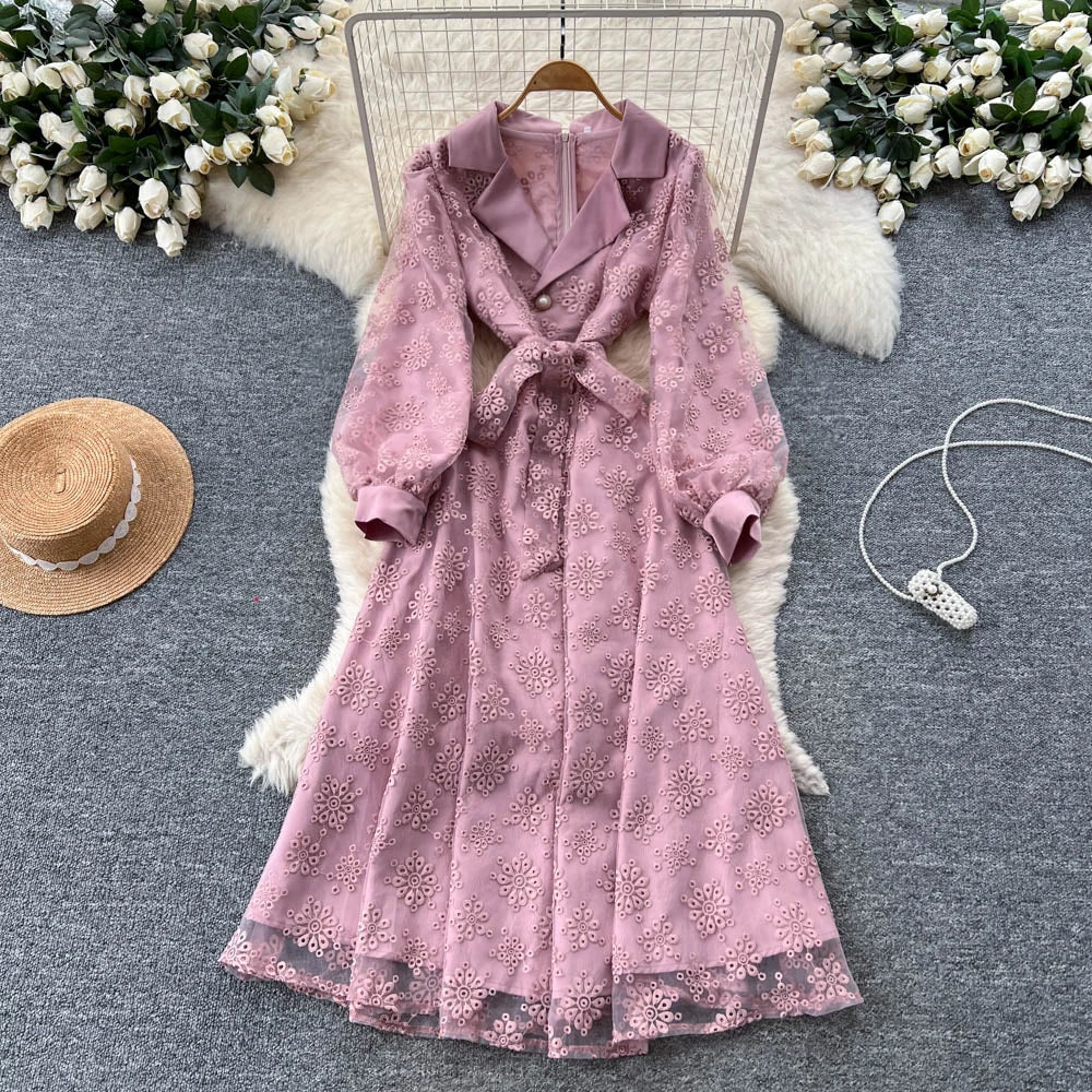 Embroidered Mesh Long Sleeve Dress