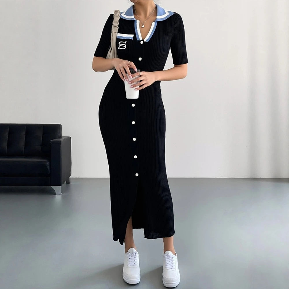 Embroidered Button Front Knit Maxi Shirt Dress