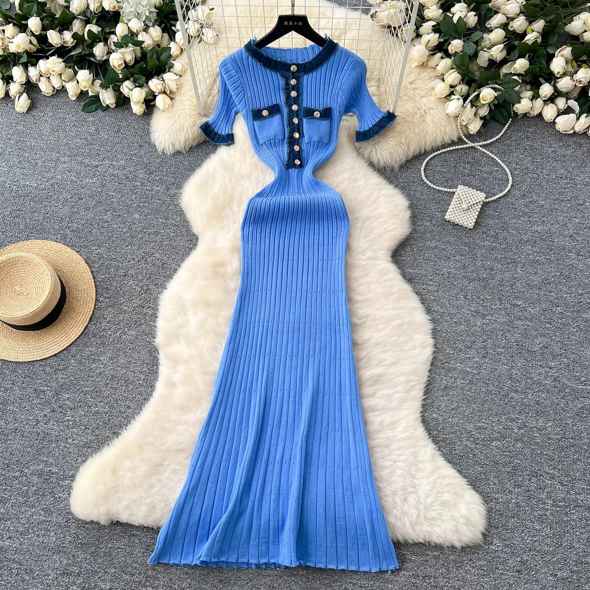 Denim Patchwork Knit Maxi Sweater Dress