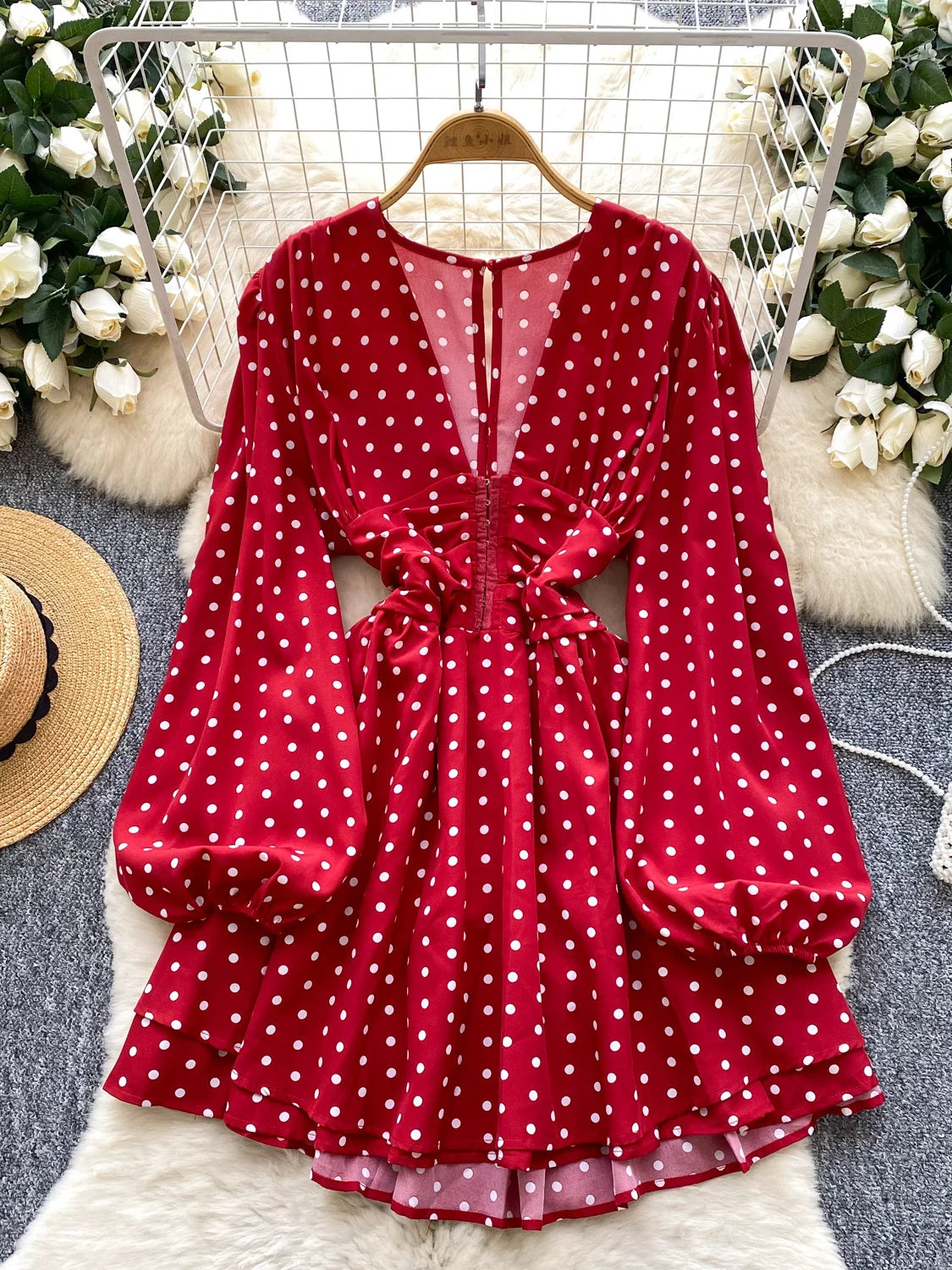 Polka Dot Lantern Sleeve Slim Dress