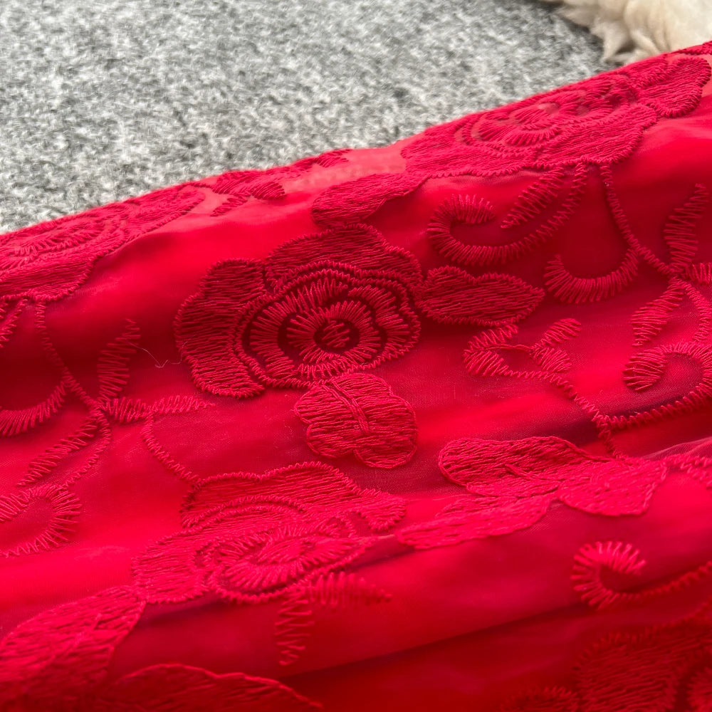 Embroidered Mesh Two Piece Dress Set