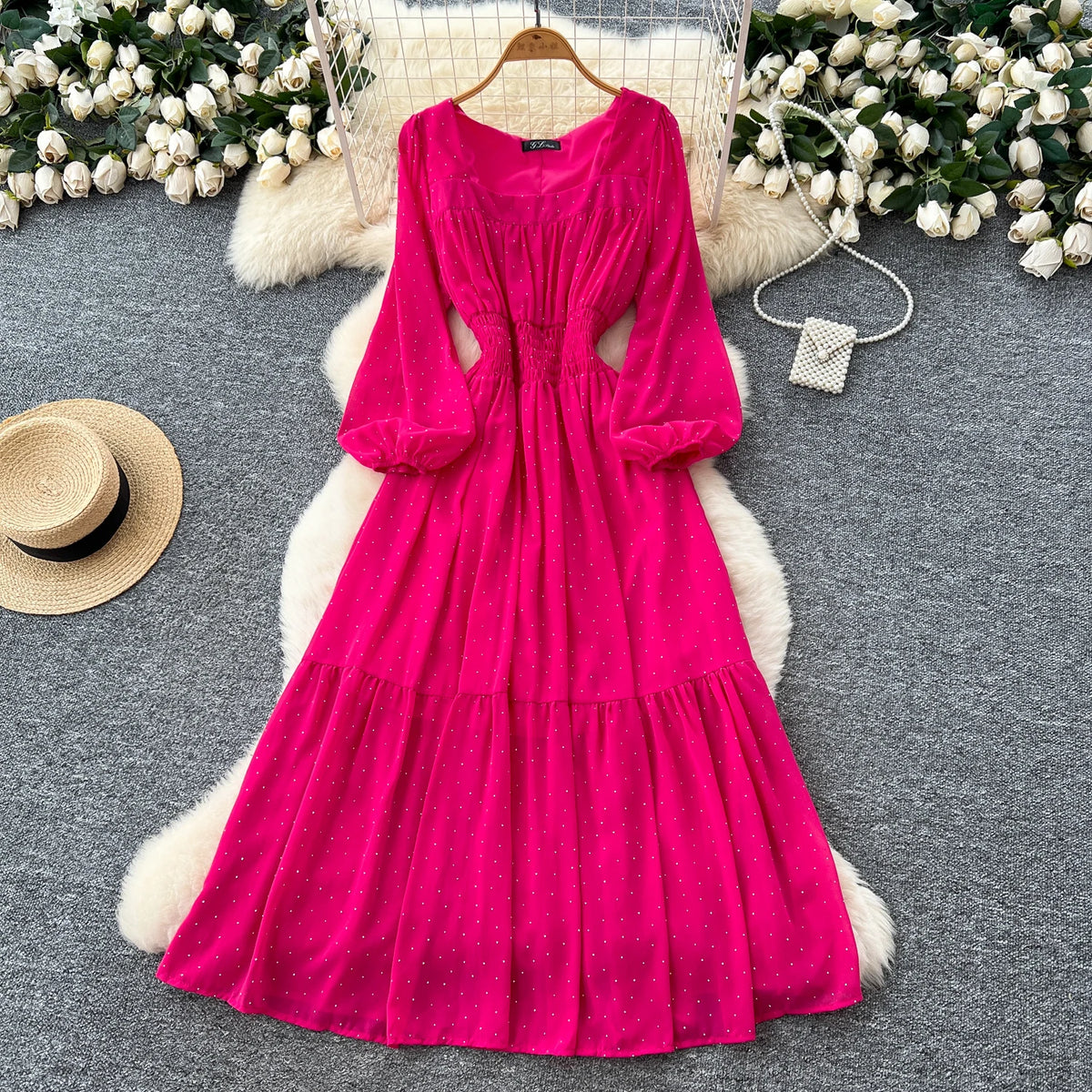 Rhinestone Square Neck A-Line Dress