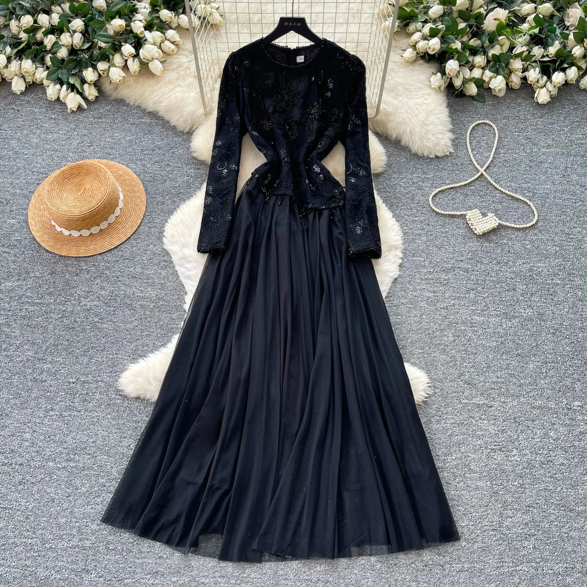 Embellished Tulle Ruffle Maxi Dress