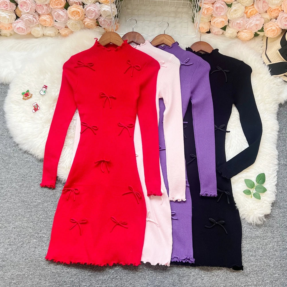 3D Bow Knit Bodycon Mini Dress
